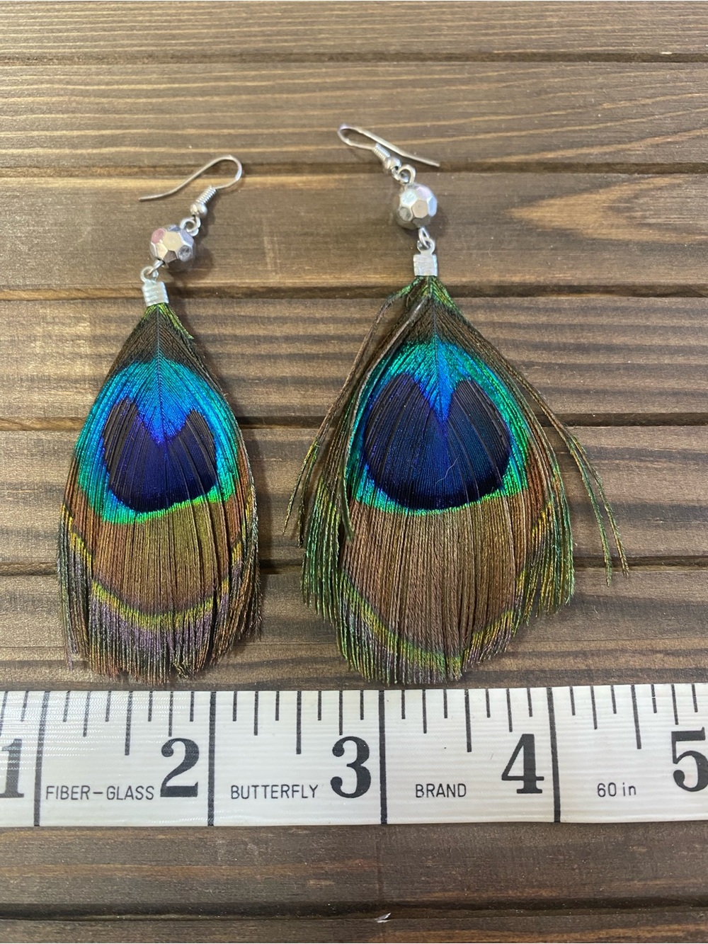 Boho Peacock Feather Drop Dangle Earrings Iridescent Blue & Green Accent - Picture 2 of 11